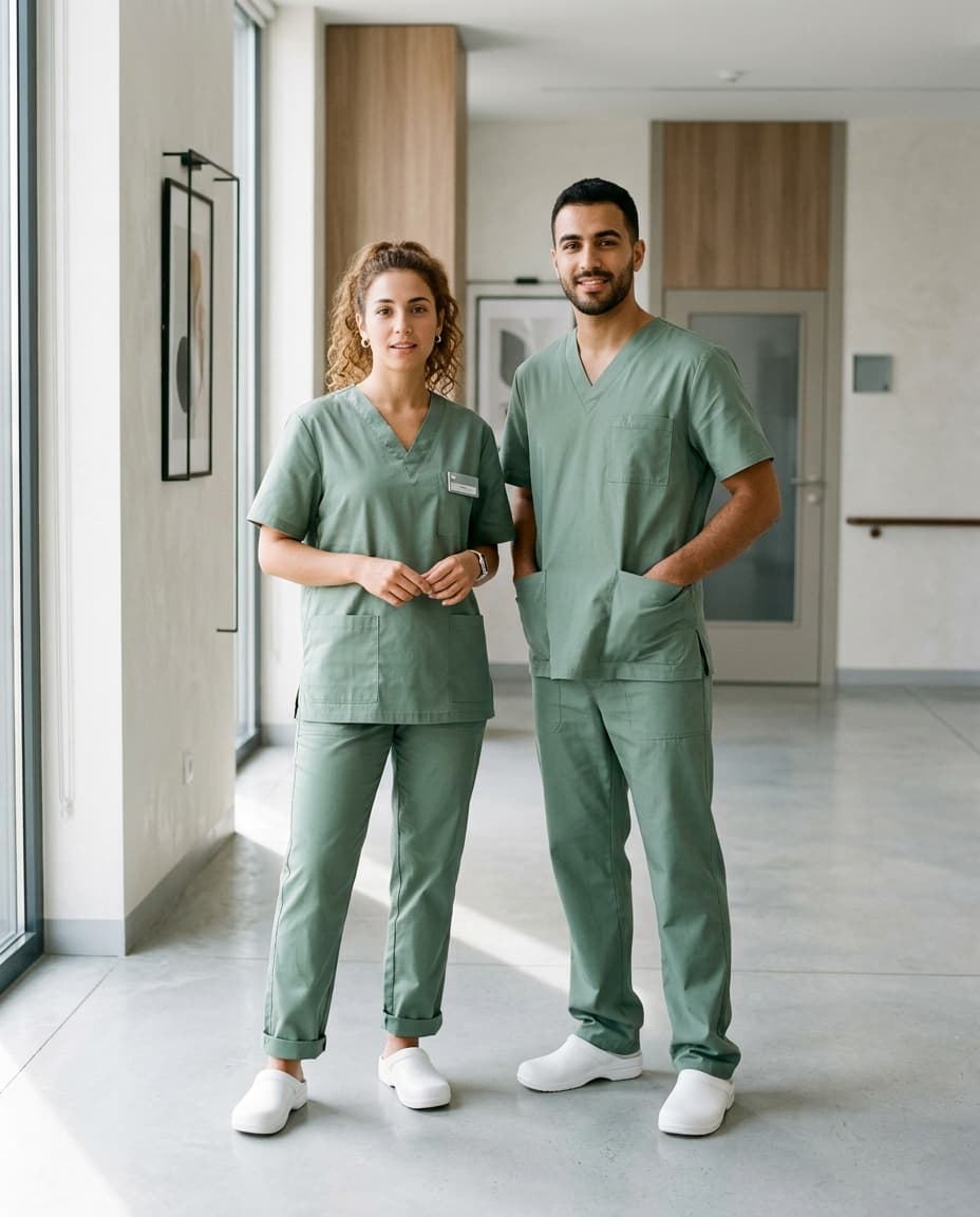 Pyjama infirmier Mediva porté par des professionnels de santé au Maroc